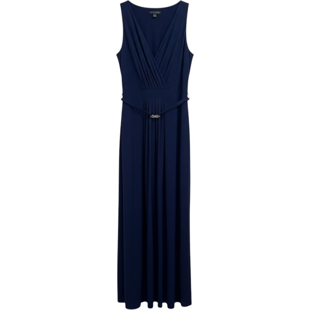 Lauren Ralph Lauren Evening Navy Blue Pleated Maxi Gown Rhinestone Belt 12